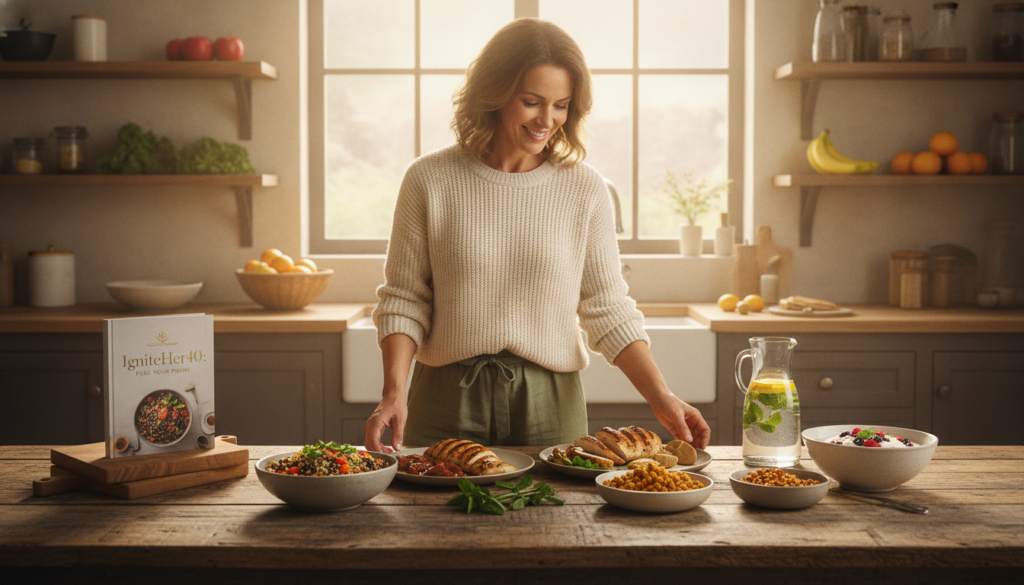 A cozy kitchen setting bathed in warm, natural light, featuring a woman in her 40s wearing comfortable yet stylish casual clothing. She is preparing a vibrant spread of high-protein foods, such as grilled chicken breast, colorful quinoa salads, chickpeas, and Greek yogurt, arranged artfully on a rustic wooden table. In the background, shelves display fresh fruits and vegetables, emphasizing a healthy lifestyle. The atmosphere is inviting and encouraging, promoting wellness and nutrition. A glass of water with lemon slices sits beside the food. The brand name "IgniteHer40" is subtly incorporated into the scene, perhaps on a cookbook or a kitchen item. The image conveys a mood of empowerment and health-focused living, inspiring viewers to embrace a high-protein diet.