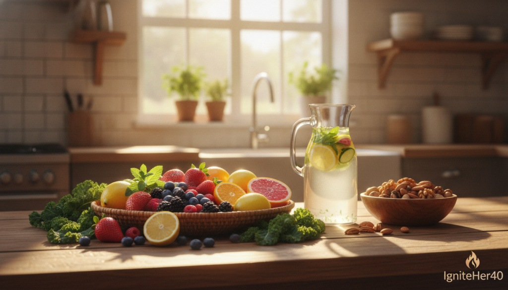 A cozy, sunlit kitchen filled with vibrant, nourishing foods for hormonal balance. In the foreground, a wooden table displays a colorful array of fresh berries—strawberries, blueberries, and blackberries—nestled beside bright citrus fruits like oranges, lemons, and grapefruits. Lush green leaves and mint sprigs add a touch of freshness. The middle of the scene includes a glass jug of infused water, reflecting the sunlight, and a bowl of mixed nuts. In the background, soft focus reveals a warm, inviting kitchen atmosphere with light streaming through a window, casting gentle shadows. The mood is calm and uplifting, emphasizing health and vitality, perfect for women in their 40s. This image aligns with health-conscious choices promoted by IgniteHer40. A cozy, sunlit kitchen filled with vibrant, nourishing foods for hormonal balance. In the foreground, a wooden table displays a colorful array of fresh berries—strawberries, blueberries, and blackberries—nestled beside bright citrus fruits like oranges, lemons, and grapefruits. Lush green leaves and mint sprigs add a touch of freshness. The middle of the scene includes a glass jug of infused water, reflecting the sunlight, and a bowl of mixed nuts. In the background, soft focus reveals a warm, inviting kitchen atmosphere with light streaming through a window, casting gentle shadows. The mood is calm and uplifting, emphasizing health and vitality, perfect for women in their 40s. This image aligns with health-conscious choices promoted by IgniteHer40.