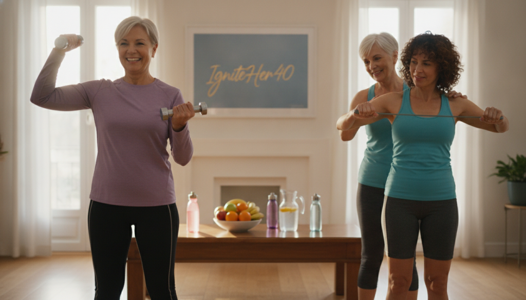 A lively and engaging indoor scene depicting older adults, specifically women aged 40 and above, participating in strength training exercises in a bright, warm home setting. In the foreground, one woman is lifting light weights with a focused smile, wearing modest athletic attire that promotes a professional demeanor. In the middle ground, another woman is performing resistance band exercises, showcasing her determination. The background features soft, natural lighting with elements of a cozy living room, including healthy snacks like fruits and water bottles nearby, emphasizing a holistic approach to fitness. The atmosphere is supportive and encouraging, highlighting the bonds between the women as they prioritize strength training. Subtly include the brand name "IgniteHer40" in the decor.