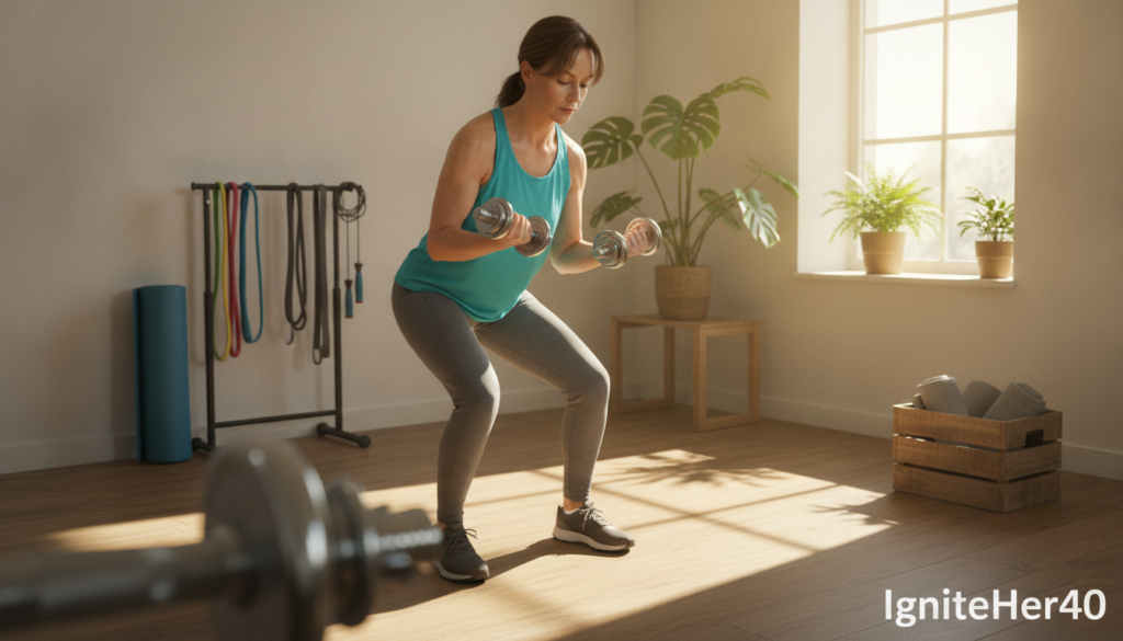 A middle-aged woman, around 45 years old, is engaged in resistance training in a bright, warm home gym. She is wearing modest, comfortable athletic clothing, focusing on a set of dumbbells while maintaining proper form. The foreground captures her strong posture and determination, with the dumbbells clearly visible. In the middle background, a few fitness accessories such as resistance bands and a yoga mat are neatly arranged, enhancing the workout atmosphere. Natural light streams through a window, creating a soft, inviting glow, while potted plants add a touch of freshness. The mood is empowering and energetic, encouraging healthy living. In the corner, the brand name "IgniteHer40" subtly integrates into the scene without overwhelming the focus on her training.