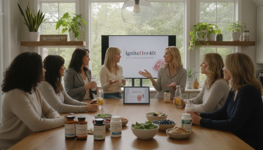 A realistic and inviting scene depicting a diverse group of women aged 40 and above gathered in a bright, warm home kitchen, discussing smart supplementation strategies for muscle maintenance. The foreground showcases a table filled with various healthy supplements, vitamins, and nutrient-rich foods like leafy greens, fruits, and protein sources, symbolizing wellness. In the middle, the women, dressed in professional business attire and modest casual clothing, are engaged in a lively discussion, holding glass water bottles and looking confident. The background features soft, natural light streaming through large windows, with plants and a cozy kitchen ambiance creating a calm atmosphere. The brand name "IgniteHer40" subtly integrated into the scene, emphasizing empowerment and health.
