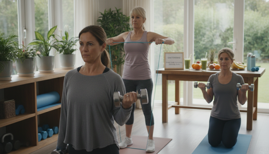 A realistic and natural photography scene featuring a group of women aged 40 and above engaging in strength training in a bright, warm home setting. The foreground showcases three women in modest, casual workout attire, using dumbbells and resistance bands, exhibiting focused expressions as they exercise together. The middle section includes vibrant indoor plants and a yoga mat, emphasizing a healthy, active lifestyle. In the background, soft natural light filters through large windows, illuminating a table adorned with healthy food options like fruits, smoothies, and water, creating a calm and inviting atmosphere. The overall mood is encouraging and empowering, reflecting the brand "IgniteHer40" and the importance of understanding body changes during this life stage.