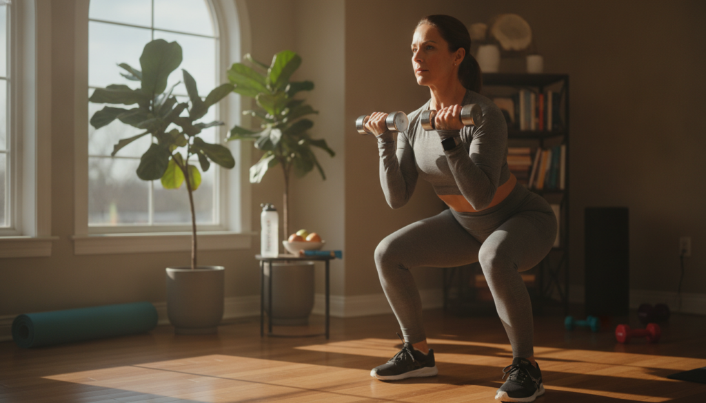 A realistic depiction of a woman in her 40s engaging in a strength training exercise routine in a bright, warm home setting. She is wearing modest, professional athletic attire, showcasing a variety of exercises such as squats, lunges, and light weightlifting with dumbbells. The foreground features the woman focused and intent on her workout, demonstrating determination and strength. In the middle, bright sunlight filters through large windows, casting warm tones across the room, adorned with indoor plants and a yoga mat. The background subtly includes health items like water bottles and nutritious snacks, creating a calm atmosphere. Capturing the essence of "IgniteHer40," the image promotes fitness and well-being for women in their 40s.