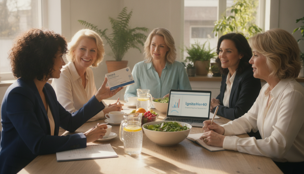 A realistic image of a diverse group of professional women aged 40 and above engaged in a collaborative discussion about hormone therapy options. They are seated around a bright, warm kitchen table filled with healthy food like fruits, vegetables, and water, conveying a sense of well-being and vitality. The foreground features two women in professional business attire, one holding a hormone testing kit while the other takes notes. In the middle ground, a laptop displays informational graphs and charts related to hormonal testing, while a gentle sunlight filters through the window, casting a warm glow. The background includes potted plants and a serene ambiance, emphasizing calmness and support in their journey of managing hormonal imbalances. The logo "IgniteHer40" subtly appears in the scene, enhancing the focus on women's health and empowerment. A realistic image of a diverse group of professional women aged 40 and above engaged in a collaborative discussion about hormone therapy options. They are seated around a bright, warm kitchen table filled with healthy food like fruits, vegetables, and water, conveying a sense of well-being and vitality. The foreground features two women in professional business attire, one holding a hormone testing kit while the other takes notes. In the middle ground, a laptop displays informational graphs and charts related to hormonal testing, while a gentle sunlight filters through the window, casting a warm glow. The background includes potted plants and a serene ambiance, emphasizing calmness and support in their journey of managing hormonal imbalances. The logo "IgniteHer40" subtly appears in the scene, enhancing the focus on women's health and empowerment.