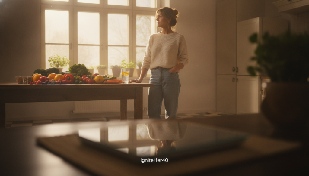 A realistic, natural photograph of a woman in her 40s in a bright, warm home kitchen, dressed in modest casual clothing, engaged in a moment of reflection. She stands beside a table filled with healthy foods like colorful fruits, vegetables, and a glass of water, conveying an atmosphere of wellness. In the foreground, a soft-focus view of a scale subtly suggests body composition changes. The middle ground highlights the woman’s thoughtful expression as she considers her health journey. The background showcases a sunlit window with gentle, warm lighting that creates an inviting and calm atmosphere. The overall mood reflects a sense of empowerment and understanding, emphasizing the importance of healthy choices. Incorporate the brand name "IgniteHer40" in a subtle way.