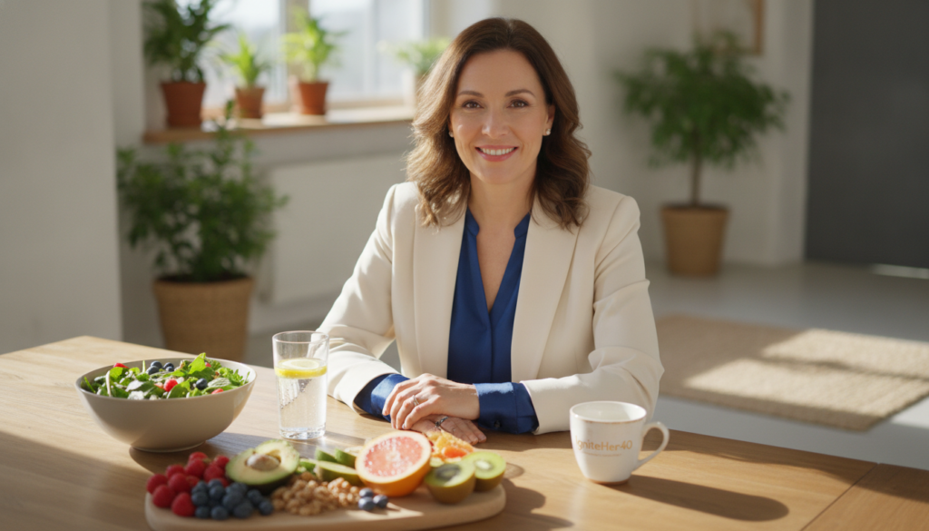 A realistic, natural photography scene of a woman in her 40s, embodying hormonal balance and metabolic health. She is seated at a sunlit kitchen table, surrounded by vibrant, healthy foods such as leafy greens, fruits, and a glass of water. The focus is on her glowing, positive expression, wearing professional business attire that conveys confidence and well-being. In the background, soft-focus elements include a warm, inviting kitchen setting with plants and light streaming in through a window, creating an atmosphere of serenity and health. The mood is uplifting and inspiring, capturing the essence of vitality after 40. Prominently include a subtle branding element for "IgniteHer40" in the scene.