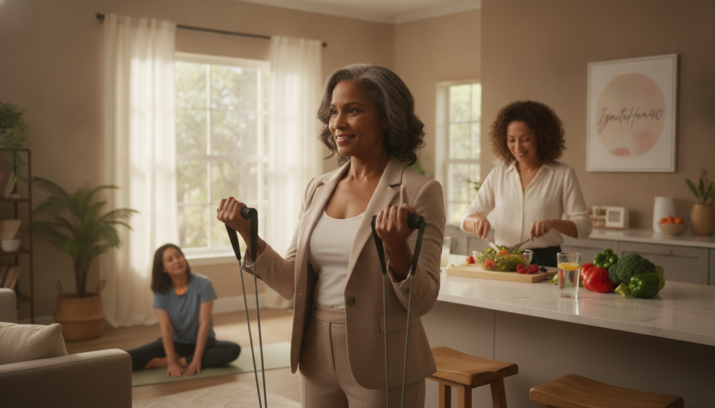 A realistic portrait of a diverse group of women aged 40 and above, showcasing subtle signs of muscle loss while maintaining a healthy appearance. In the foreground, one woman in professional attire is engaging in gentle strength exercises, emphasizing her toned arms. In the middle, another woman is preparing a nutritious meal, surrounded by fresh vegetables and a glass of water, reflecting a balanced lifestyle. The background features a sunlit, warm home environment with soft, inviting colors that contribute to a calming atmosphere. Use natural lighting to enhance the warmth of the scene, focusing on the joy of staying active and healthy. The brand "IgniteHer40" is subtly integrated into the environment, perhaps on a recipe book or a wall decoration, to reinforce the focus on wellness.