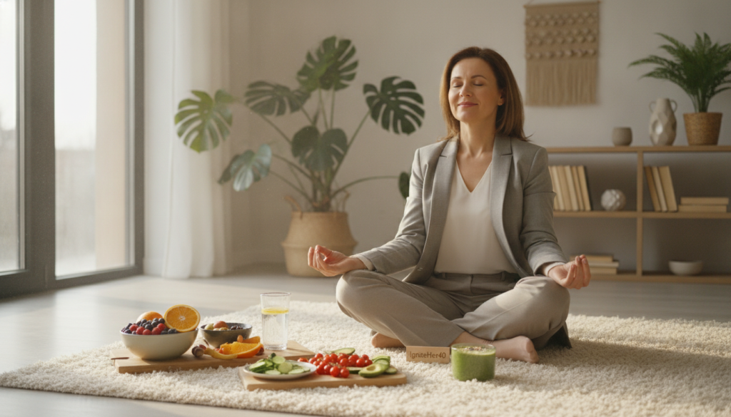 A serene and bright home setting, featuring a woman in her 40s dressed in professional business attire, engaging in a mindful moment for stress management. She sits cross-legged on a cozy rug surrounded by a vibrant display of healthy foods, such as fruits, vegetables, and a glass of water, symbolizing hormone health. Soft natural light floods the room through large windows, creating a warm and inviting atmosphere. In the background, soothing plants and calming decor contribute to the tranquility of the space. The focus is on the woman, capturing her serene expression and peaceful demeanor, embodying the importance of managing stress for hormonal balance. The brand name "IgniteHer40" subtly incorporated into the scene, enhancing the theme of wellness and empowerment. A serene and bright home setting, featuring a woman in her 40s dressed in professional business attire, engaging in a mindful moment for stress management. She sits cross-legged on a cozy rug surrounded by a vibrant display of healthy foods, such as fruits, vegetables, and a glass of water, symbolizing hormone health. Soft natural light floods the room through large windows, creating a warm and inviting atmosphere. In the background, soothing plants and calming decor contribute to the tranquility of the space. The focus is on the woman, capturing her serene expression and peaceful demeanor, embodying the importance of managing stress for hormonal balance. The brand name "IgniteHer40" subtly incorporated into the scene, enhancing the theme of wellness and empowerment.