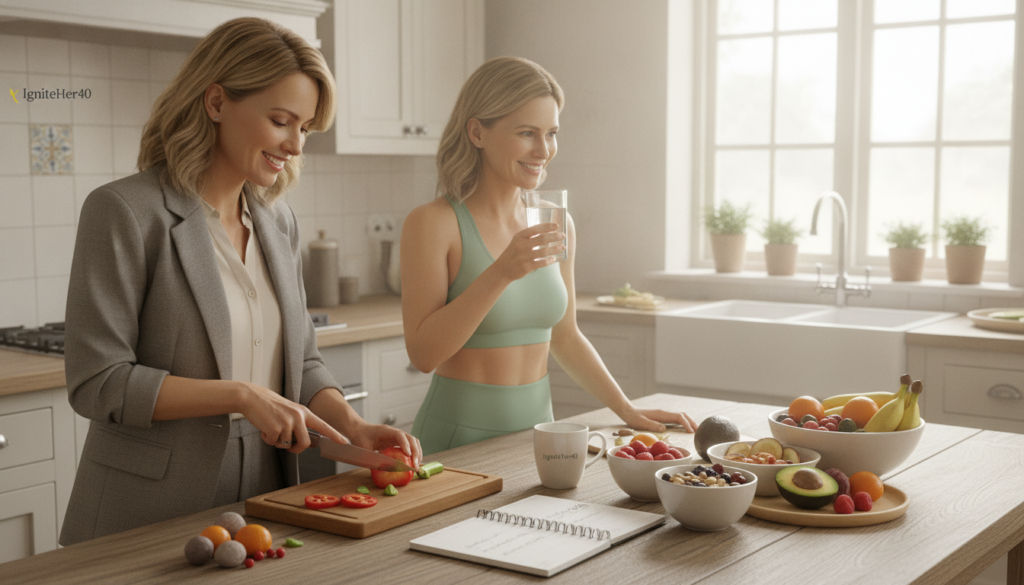 A serene and inviting home setting with three women over 40 engaging in energy optimization strategies. In the foreground, one woman in professional business attire is preparing a nutritious meal, while another is sipping water, both smiling and radiating positivity. In the middle, a cozy table displays colorful bowls of healthy foods, like fruits and grains, and a planner filled with light exercise routines. The background features bright, warm lighting filtering through large windows, showcasing a tidy and welcoming kitchen. The atmosphere is lively yet calming, suggesting a balance between productivity and relaxation. The brand "IgniteHer40" is subtly integrated into the scene, perhaps on a kitchen item, emphasizing empowerment and health for women in this age group.