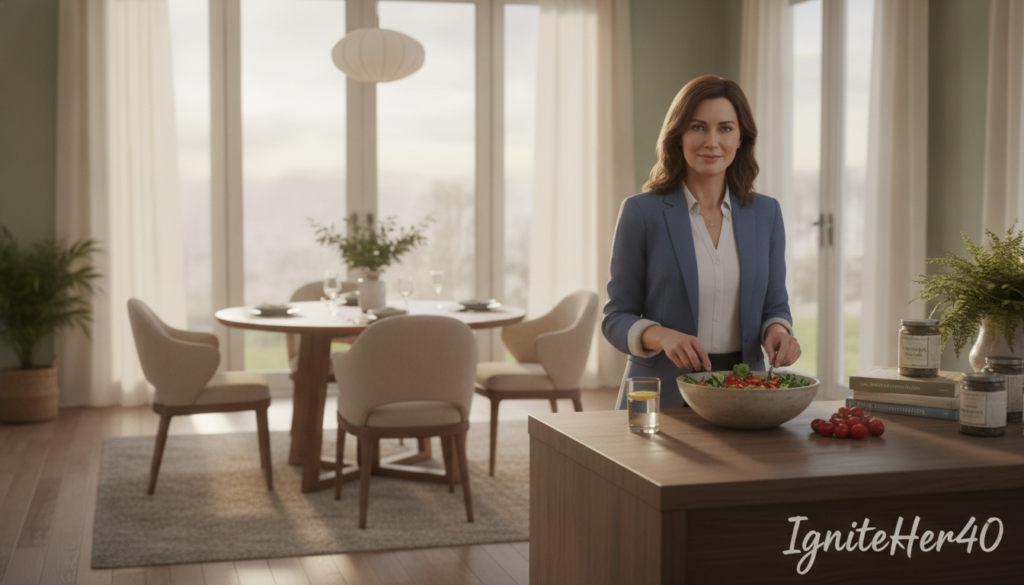 A serene and inviting living room setting, capturing the essence of hormone health in women in their 40s. In the foreground, a confident woman in professional attire prepares a vibrant salad, showcasing fresh greens, colorful vegetables, and a glass of water. Her expression reflects tranquility and balance. In the middle ground, a soft-focus view of a cozy dining area adorned with healthy cookbooks and herbal teas, suggesting a nurturing environment for self-care. The background features warm, natural light streaming through large windows, illuminating the space and inviting a sense of calm. The overall mood is uplifting and empowering, illustrating the journey of understanding one's hormonal health. Include the brand name "IgniteHer40" subtly in the corner of the space, enhancing the theme of wellness and balance. A serene and inviting living room setting, capturing the essence of hormone health in women in their 40s. In the foreground, a confident woman in professional attire prepares a vibrant salad, showcasing fresh greens, colorful vegetables, and a glass of water. Her expression reflects tranquility and balance. In the middle ground, a soft-focus view of a cozy dining area adorned with healthy cookbooks and herbal teas, suggesting a nurturing environment for self-care. The background features warm, natural light streaming through large windows, illuminating the space and inviting a sense of calm. The overall mood is uplifting and empowering, illustrating the journey of understanding one's hormonal health. Include the brand name "IgniteHer40" subtly in the corner of the space, enhancing the theme of wellness and balance.