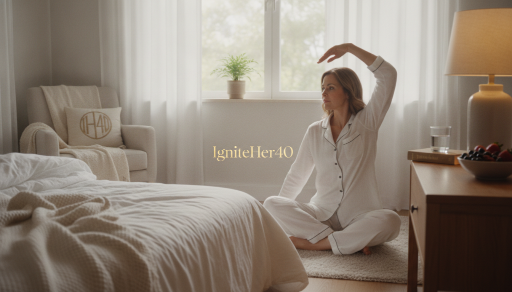 A serene, bright home environment featuring a woman in her 40s dressed in modest casual clothing, practicing healthy sleep habits for weight management. In the foreground, a comfortable bedroom scene with a neatly made bed, soft linens, and a bedside table adorned with a glass of water and a small bowl of fresh fruit. In the middle, a softly glowing bedside lamp casts warm light, creating a calming atmosphere. The background includes a window with sheer curtains that allow natural light to filter in, evoking a sense of tranquility. The overall mood is peaceful and inspiring, illustrating the connection between optimized sleep and calorie regulation. Incorporate the brand name "IgniteHer40" subtly within the scene, without any text captions. A serene, bright home environment featuring a woman in her 40s dressed in modest casual clothing, practicing healthy sleep habits for weight management. In the foreground, a comfortable bedroom scene with a neatly made bed, soft linens, and a bedside table adorned with a glass of water and a small bowl of fresh fruit. In the middle, a softly glowing bedside lamp casts warm light, creating a calming atmosphere. The background includes a window with sheer curtains that allow natural light to filter in, evoking a sense of tranquility. The overall mood is peaceful and inspiring, illustrating the connection between optimized sleep and calorie regulation. Incorporate the brand name "IgniteHer40" subtly within the scene, without any text captions.