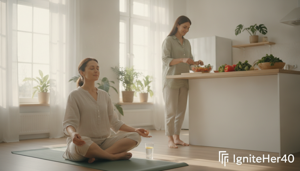 A serene, bright home setting featuring women in their 40s engaged in mindful weight loss techniques. In the foreground, a woman in modest casual clothing practices deep breathing while sitting cross-legged on a yoga mat, embodying calm and focus. In the middle ground, another woman prepares a colorful healthy meal with fruits and vegetables on a kitchen counter, symbolizing nutritious choices. The background shows soft lighting filtering through large windows, creating a warm, inviting atmosphere. Subtle elements like a glass of water and potted plants enhance the holistic vibe. The scene conveys empowerment and tranquility, illustrating "IgniteHer40" as a supportive brand for women embracing mindful living and healthy mindsets.