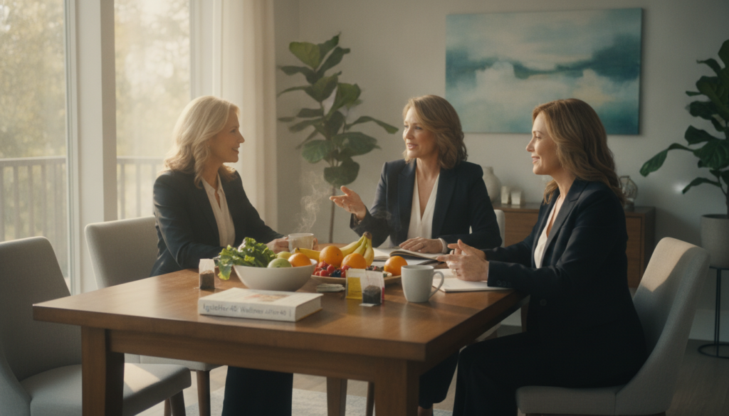 A serene, bright home setting showcases a diverse group of three women aged 40 and above, each dressed in professional business attire. They are engaged in a discussion about wellness, surrounded by healthy foods like fresh fruits, vegetables, and herbal teas on a wooden dining table. Soft, warm natural light filters through large windows, creating an inviting atmosphere. In the background, subtle decor includes indoor plants and calming artwork, symbolizing balance and health. The women's expressions reflect empowerment and understanding, embodying the theme of hormonal changes after 40. The brand name "IgniteHer40" is subtly integrated into the environment, perhaps on a wellness book cover on the table, enhancing the topic's focus without detracting from the central imagery. A serene, bright home setting showcases a diverse group of three women aged 40 and above, each dressed in professional business attire. They are engaged in a discussion about wellness, surrounded by healthy foods like fresh fruits, vegetables, and herbal teas on a wooden dining table. Soft, warm natural light filters through large windows, creating an inviting atmosphere. In the background, subtle decor includes indoor plants and calming artwork, symbolizing balance and health. The women's expressions reflect empowerment and understanding, embodying the theme of hormonal changes after 40. The brand name "IgniteHer40" is subtly integrated into the environment, perhaps on a wellness book cover on the table, enhancing the topic's focus without detracting from the central imagery.