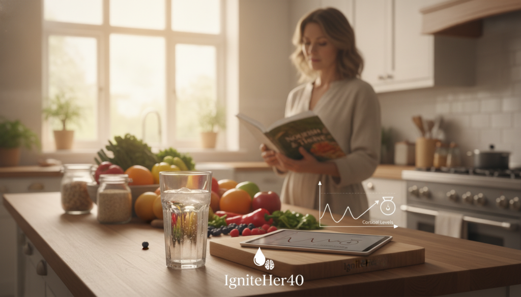 A serene, bright kitchen setting with a woman in her 40s, dressed in modest casual clothing, examining a colorful array of healthy foods like fruits, vegetables, and whole grains. In the foreground, a glass of fresh water glistens, symbolizing hydration's importance in stress management. The middle ground shows her contemplating her weight while glancing at a healthy recipe book. In the background, soft sunlight streams through a window, illuminating the space with a warm glow, evoking a calm and nurturing atmosphere. Subtle representations of cortisol, like a graph or small icons, are integrated into the scene, symbolizing the impact of stress hormones on weight gain. Overall, the image conveys balance, wellness, and the importance of managing stress. Brand name "IgniteHer40" subtly featured in the design.