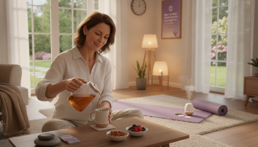 A serene, bright living room setting filled with natural light, featuring a woman in her 40s, dressed in modest casual clothing, practicing sleep-enhancing routines. In the foreground, she gently pours a glass of herbal tea into a cup, with a selection of healthy snacks like almonds and berries on a table. In the middle ground, a yoga mat is rolled out with a few peaceful meditation accessories nearby, symbolizing relaxation. The background includes soft, warm lighting from lamps and large windows revealing a tranquil garden outside, creating an inviting atmosphere. The image should convey calmness and wellness, emphasizing the importance of sleep strategies for weight loss. Include items that represent a daily routine for enhancing sleep, subtly branding it with "IgniteHer40". A serene, bright living room setting filled with natural light, featuring a woman in her 40s, dressed in modest casual clothing, practicing sleep-enhancing routines. In the foreground, she gently pours a glass of herbal tea into a cup, with a selection of healthy snacks like almonds and berries on a table. In the middle ground, a yoga mat is rolled out with a few peaceful meditation accessories nearby, symbolizing relaxation. The background includes soft, warm lighting from lamps and large windows revealing a tranquil garden outside, creating an inviting atmosphere. The image should convey calmness and wellness, emphasizing the importance of sleep strategies for weight loss. Include items that represent a daily routine for enhancing sleep, subtly branding it with "IgniteHer40".