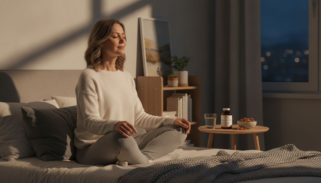 A serene, cozy bedroom setting bathed in warm, natural light, depicting a woman in her 40s enjoying the calming benefits of magnesium glycinate as a natural sleep aid. She is sitting cross-legged on her bed, surrounded by soft pillows and a cozy blanket, wearing modest casual clothing. Beside her, a small table holds a glass of water, a bottle labeled "IgniteHer40" containing magnesium glycinate, and a bowl of healthy nuts. Gentle shadows create a calming atmosphere, enhanced by succulents and a small bookshelf in the background. A soft-focused window reveals nighttime, suggesting tranquility and relaxation. The overall mood is peaceful and inviting, highlighting the connection between magnesium glycinate and restful sleep.