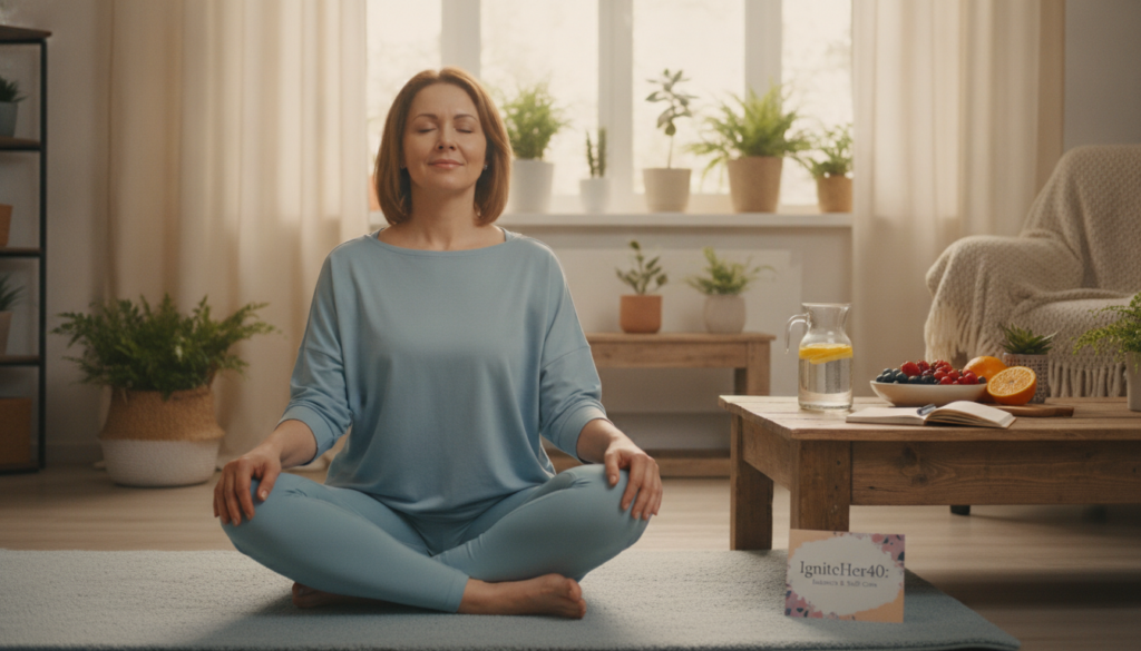 A serene home environment featuring a middle-aged woman (40+) practicing relaxation techniques for weight loss. In the foreground, she is seated cross-legged on a soft yoga mat, wearing comfortable, modest athletic clothing, with a gentle smile as she breathes deeply. In the middle ground, a wooden table is decorated with fresh fruits, a glass of water, and a journal, reflecting a focus on healthy habits. The background includes soft, warm lighting filtering through sheer curtains, a few indoor plants providing a calming touch. Capture the atmosphere of tranquility and wellness, conveying the connection between stress reduction and weight management. The image should embody the essence of "IgniteHer40," emphasizing balance and self-care in a vibrant, inviting setting.