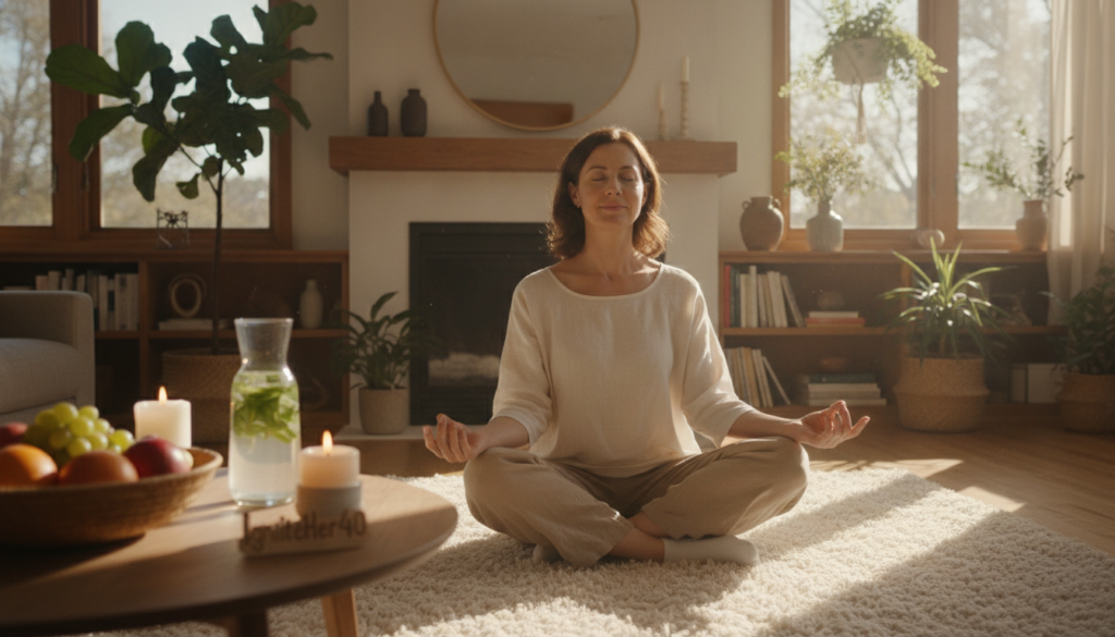 A serene home environment, featuring a woman in her 40s practicing mindfulness meditation. She sits cross-legged on a soft, natural fiber rug in a sunlit living room, surrounded by plants and warm decor. Soft golden light filters through large windows, creating a tranquil atmosphere. In the foreground, a small table holds a bowl of fresh fruits, a glass of infused water, and a lit candle, symbolizing health and relaxation. The woman is dressed in modest, comfortable clothing, with a peaceful expression as she focuses on her breath, embodying the essence of mindfulness for weight loss and stress reduction. The overall mood is calming and inviting, reflecting a journey towards wellness. The brand name "IgniteHer40" is subtly integrated into the scene.