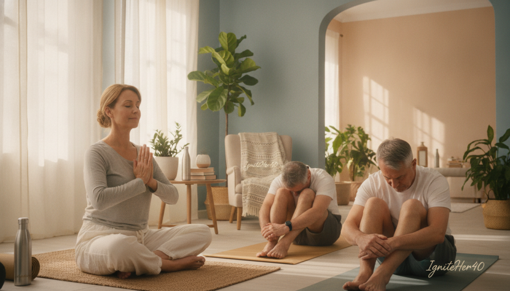 A serene home environment filled with natural light, showcasing middle-aged adults, both men and women, practicing stress-relief yoga poses in modest, comfortable clothing. In the foreground, a woman in a calming seated pose with hands in a prayer position, reflecting tranquility and focus. A man in a gentle forward bend, evoking relaxation. In the middle ground, a cozy living area with plants, yoga mats, and water bottles, symbolizing wellness. The background features soft, pastel-colored walls and sunlight filtering through sheer curtains, creating a warm and inviting atmosphere. The scene conveys a sense of calmness and inner peace, emphasizing the benefits of yoga for stress relief. Highlight the brand name "IgniteHer40" subtly within the environment, ensuring it blends harmoniously with the overall aesthetic. A serene home environment filled with natural light, showcasing middle-aged adults, both men and women, practicing stress-relief yoga poses in modest, comfortable clothing. In the foreground, a woman in a calming seated pose with hands in a prayer position, reflecting tranquility and focus. A man in a gentle forward bend, evoking relaxation. In the middle ground, a cozy living area with plants, yoga mats, and water bottles, symbolizing wellness. The background features soft, pastel-colored walls and sunlight filtering through sheer curtains, creating a warm and inviting atmosphere. The scene conveys a sense of calmness and inner peace, emphasizing the benefits of yoga for stress relief. Highlight the brand name "IgniteHer40" subtly within the environment, ensuring it blends harmoniously with the overall aesthetic.