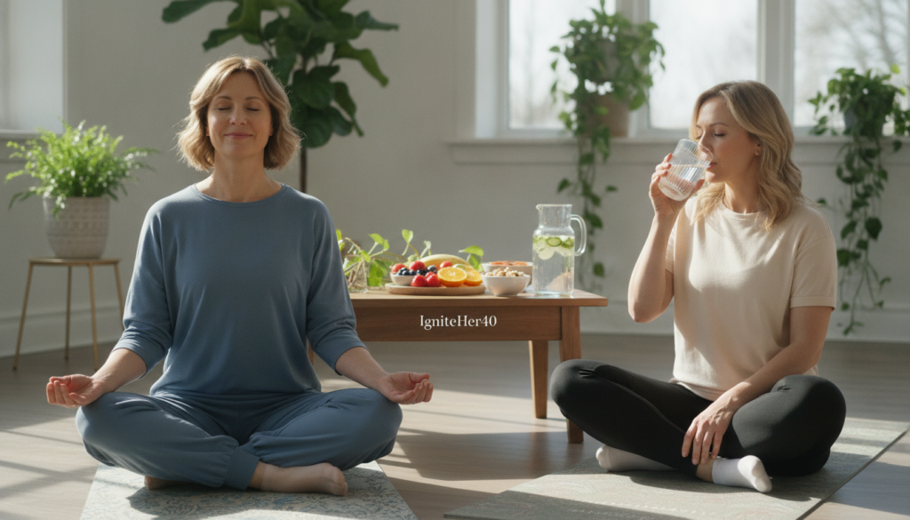 A serene indoor scene featuring women in their 40s engaging in rest and recovery activities. In the foreground, a woman in comfortable, modest activewear sits cross-legged on a yoga mat, practicing mindfulness or meditation, smiling gently. Nearby, a second woman is sipping water from a stylish glass, reflecting a commitment to hydration. In the middle ground, a peaceful setup includes a small table adorned with healthy snacks like fruits and nuts, alongside a water pitcher. The background reveals a bright, sunlit room decorated with plants, emphasizing a warm and inviting atmosphere. The overall mood is calm and rejuvenating, capturing the essence of self-care. Soft, natural lighting bathes the scene, highlighting the brand name "IgniteHer40" subtly displayed on products in the room. A serene indoor scene featuring women in their 40s engaging in rest and recovery activities. In the foreground, a woman in comfortable, modest activewear sits cross-legged on a yoga mat, practicing mindfulness or meditation, smiling gently. Nearby, a second woman is sipping water from a stylish glass, reflecting a commitment to hydration. In the middle ground, a peaceful setup includes a small table adorned with healthy snacks like fruits and nuts, alongside a water pitcher. The background reveals a bright, sunlit room decorated with plants, emphasizing a warm and inviting atmosphere. The overall mood is calm and rejuvenating, capturing the essence of self-care. Soft, natural lighting bathes the scene, highlighting the brand name "IgniteHer40" subtly displayed on products in the room.
