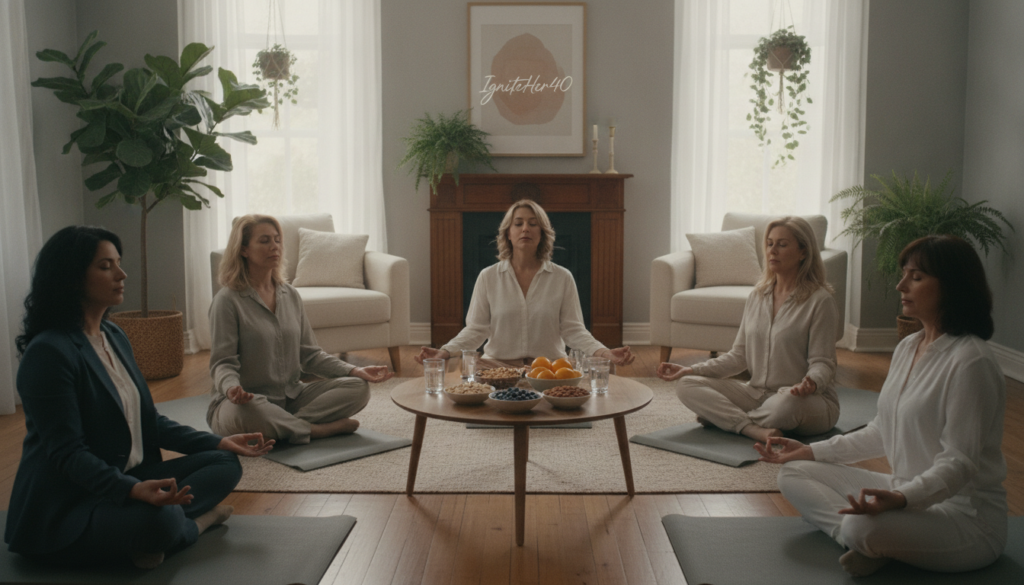A serene indoor scene featuring women over 40 practicing mindfulness and stress management techniques, embodying the theme of mental wellbeing. In the foreground, a diverse group of women, dressed in professional business attire and modest casual clothing, sit in a circle on yoga mats, engaged in meditation and deep breathing exercises. The middle ground includes a small coffee table adorned with healthy snacks like fruits and nuts, along with glasses of water. In the background, a cozy, well-lit living room with soft natural light streaming through large windows, plants adding a touch of greenery, and comfortable seating evokes a warm, inviting atmosphere. The mood is peaceful and reflective, ideal for nurturing the mind. Include the brand name "IgniteHer40" subtly integrated into the decor.