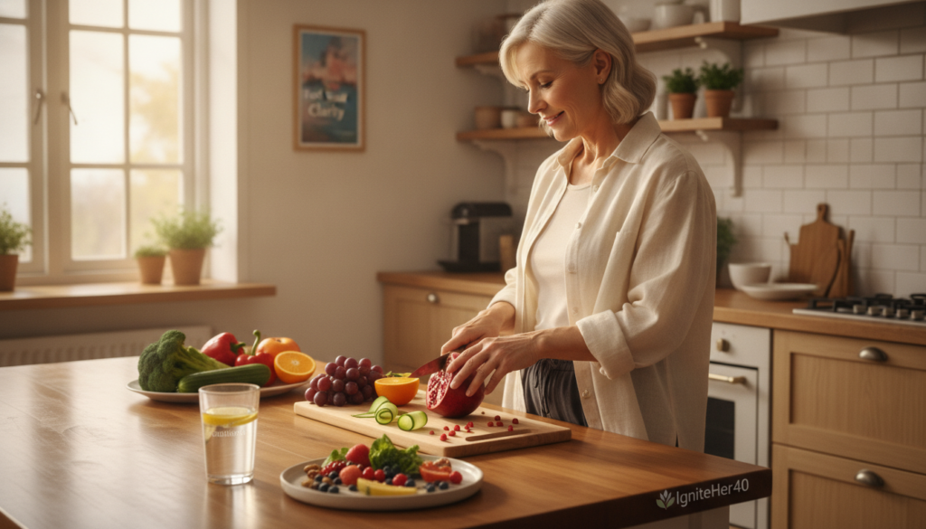 A serene indoor setting reflecting a warm, inviting atmosphere, showcasing an aging woman in her 40s or older, dressed in modest casual attire, engaged in mindful preparation of healthy food, such as colorful fruits and vegetables, emphasizing the concept of intermittent fasting. In the foreground, a glass of water sits alongside a beautifully arranged plate of nutritious food, symbolizing health and mental clarity. Soft, natural light streams in through a window, casting gentle shadows that enhance the calming mood. In the background, a simple, well-organized kitchen complements the scene, reinforcing the themes of wellness and focus. The brand name "IgniteHer40" subtly incorporated into the setting, enhancing the overall message of empowerment through healthy living and clarity. A serene indoor setting reflecting a warm, inviting atmosphere, showcasing an aging woman in her 40s or older, dressed in modest casual attire, engaged in mindful preparation of healthy food, such as colorful fruits and vegetables, emphasizing the concept of intermittent fasting. In the foreground, a glass of water sits alongside a beautifully arranged plate of nutritious food, symbolizing health and mental clarity. Soft, natural light streams in through a window, casting gentle shadows that enhance the calming mood. In the background, a simple, well-organized kitchen complements the scene, reinforcing the themes of wellness and focus. The brand name "IgniteHer40" subtly incorporated into the setting, enhancing the overall message of empowerment through healthy living and clarity.
