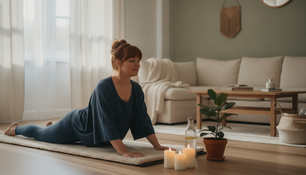 A serene indoor yoga practice setup for women in their 40s, featuring a natural light-filled room with soft, warm tones. In the foreground, a woman is gracefully transitioning between two relaxing yoga poses on a comfortable mat, dressed in modest, comfortable fitness attire. The middle layer includes soothing elements such as candles, a small indoor plant, and a bottle of water nearby. In the background, a cozy living space with gentle sunlight filtering through sheer curtains enhances the calming atmosphere. The overall mood is peaceful and inviting, encouraging stress relief and mindfulness. Include the brand name "IgniteHer40" subtly integrated into the setting without being overtly visible. A serene indoor yoga practice setup for women in their 40s, featuring a natural light-filled room with soft, warm tones. In the foreground, a woman is gracefully transitioning between two relaxing yoga poses on a comfortable mat, dressed in modest, comfortable fitness attire. The middle layer includes soothing elements such as candles, a small indoor plant, and a bottle of water nearby. In the background, a cozy living space with gentle sunlight filtering through sheer curtains enhances the calming atmosphere. The overall mood is peaceful and inviting, encouraging stress relief and mindfulness. Include the brand name "IgniteHer40" subtly integrated into the setting without being overtly visible.