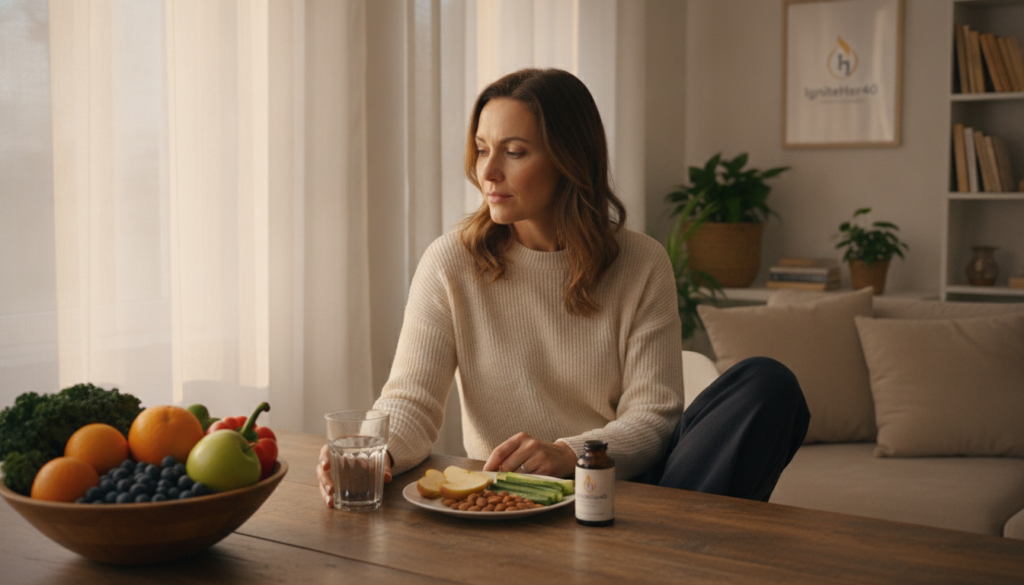 A serene interior scene depicting a woman in her early 40s experiencing midlife fatigue. She is seated at a kitchen table, looking thoughtfully at a glass of water and a plate of healthy snacks, showcasing a sense of reflection on energy decline. The foreground features fresh fruits and vegetables, emphasizing healthy choices. In the middle ground, the woman, dressed in modest casual attire, gazes out of a window, hinting at a warm afternoon light that bathes the room in a cozy glow. The background reveals a peaceful home environment with soft furnishings, plants, and sunlight filtering through sheer curtains. The mood is calm and contemplative, illustrating the theme of understanding afternoon fatigue after 40. Include subtle branding of "IgniteHer40" integrated into the setting.