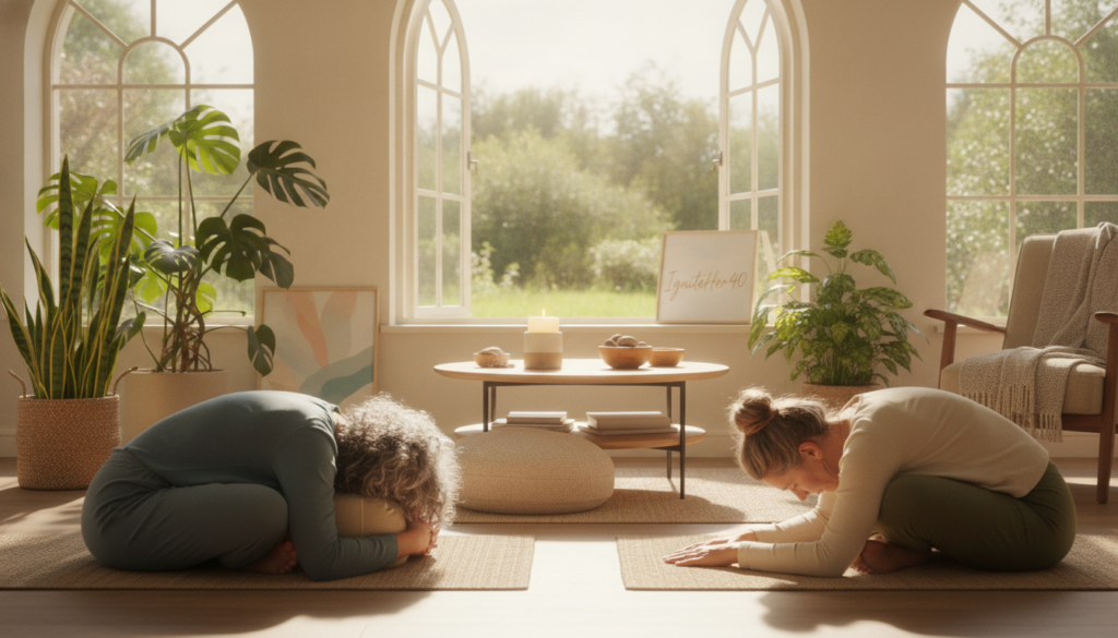 A serene living room bathed in warm, natural light showcases women aged 40 and above practicing mindfulness yoga poses for stress relief. In the foreground, two women in modest, comfortable yoga attire engage in gentle poses such as Child's Pose and Seated Forward Bend, embodying calm and tranquility. They appear centered on their mats, surrounded by soothing elements like potted plants and soft cushions. In the middle ground, a cozy space is adorned with calming decor, including candles and peaceful artwork, enhancing the atmosphere of relaxation. The background hints at a sunlit window, allowing hints of green from outside to blend harmoniously with the interior. The overall mood is peaceful and uplifting, perfectly embodying the essence of the "IgniteHer40" brand focus on wellness and mindfulness practices. A serene living room bathed in warm, natural light showcases women aged 40 and above practicing mindfulness yoga poses for stress relief. In the foreground, two women in modest, comfortable yoga attire engage in gentle poses such as Child's Pose and Seated Forward Bend, embodying calm and tranquility. They appear centered on their mats, surrounded by soothing elements like potted plants and soft cushions. In the middle ground, a cozy space is adorned with calming decor, including candles and peaceful artwork, enhancing the atmosphere of relaxation. The background hints at a sunlit window, allowing hints of green from outside to blend harmoniously with the interior. The overall mood is peaceful and uplifting, perfectly embodying the essence of the "IgniteHer40" brand focus on wellness and mindfulness practices.