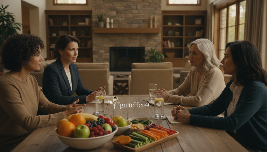 A serene, warm-lit home setting featuring a group of women aged 40+, dressed in professional business attire and modest casual clothing, engaged in a discussion about hormonal changes and metabolism. In the foreground, a table displays vibrant, healthy foods like fruits, vegetables, and glasses of water, symbolizing nutrition and wellness. The middle ground captures the women’s focused expressions as they interact, embodying empowerment and knowledge sharing. In the background, a cozy living room with soft, natural light coming through large windows enhances the comforting atmosphere. This image should reflect the themes of aging, hormone levels, and well-being, branded with "IgniteHer40" subtly integrated into the scene, capturing a balanced, positive mood of health and vitality.
