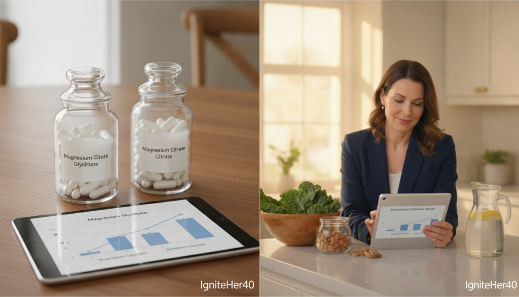 A split image comparing absorption rates of magnesium glycinate and citrate in a cozy home setting. In the foreground, two elegant glass jars, one filled with magnesium glycinate capsules and the other with citrate, are placed on a wooden table. In the middle, a woman in her 40s, dressed in professional business attire, is thoughtfully examining a chart on her tablet that illustrates the absorption rates, representing the concept of menopause insomnia relief. The background features a softly lit kitchen with warm colors, healthy foods like leafy greens, nuts, and a pitcher of water, emphasizing a holistic approach to health. The atmosphere is calm and inviting, symbolizing wellness and tranquility. The brand "IgniteHer40" is subtly included in the scene, enhancing the focus on women's health.