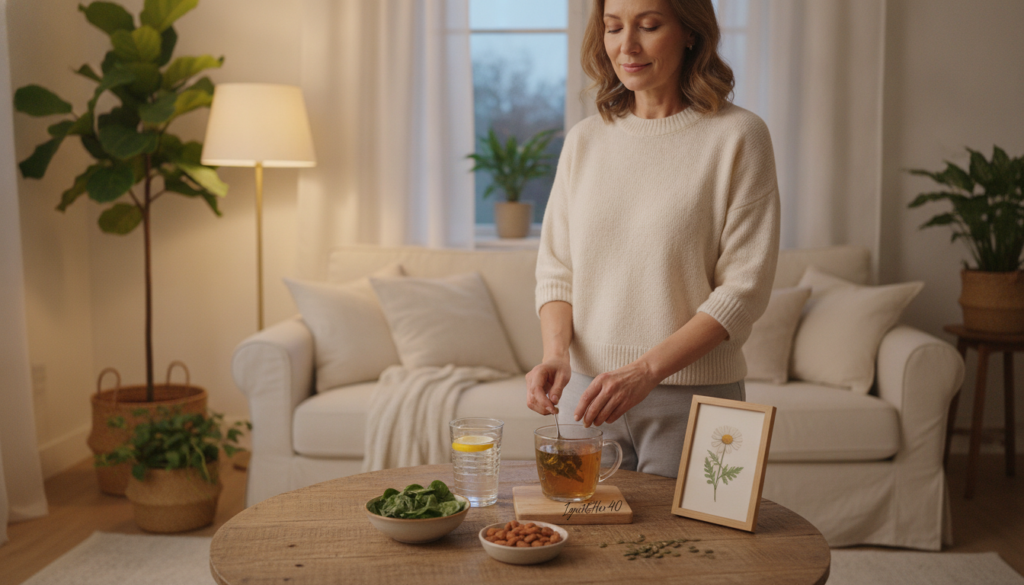 A tranquil, brightly lit home setting featuring a woman in her 40s, dressed in modest, casual clothing, peacefully preparing a calming evening routine. In the foreground, a wooden table showcases a small bowl of magnesium-rich foods, such as spinach and almonds, alongside a glass of water and a soothing herbal tea. In the middle background, a warm, inviting living space emphasizes relaxation, with soft lighting from a nearby lamp and comfortable seating. Natural elements like plants enhance the atmosphere of serenity. The overall mood conveys balance and wellness, illustrating the connection between magnesium and restful sleep. The brand name "IgniteHer40" subtly integrated in the scene, emphasizing the theme of health and vitality in menopause.
