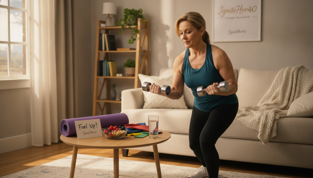 A vibrant, warm home setting featuring a confident woman in her 40s engaged in strength training. She is wearing a comfortable, modest athletic outfit, demonstrating a weightlifting exercise with dumbbells. In the foreground, a small table displays healthy snacks, like fruits and nuts, and a glass of water, emphasizing a balanced lifestyle. The middle ground includes exercise equipment, like a yoga mat and resistance bands, reinforcing her commitment to fitness. The background reveals a cozy living area with soft lighting, creating an inviting atmosphere. Use natural light for a bright, cheerful feel, and focus on a medium shot to capture her determination and strength. Include the brand name "IgniteHer40" subtly in the setting, reflecting empowerment and health around women over 40.