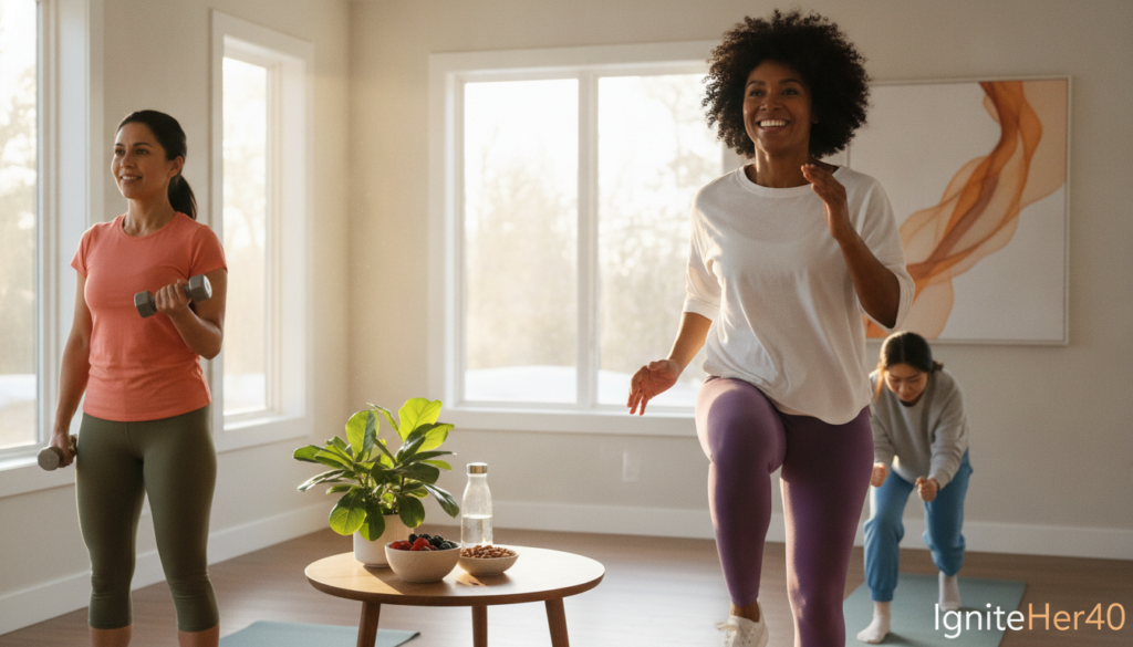 A vibrant, warm home setting featuring a diverse group of three women aged 40 and above, dressed in comfortable, modest workout attire, engaged in a balanced fitness routine. In the foreground, one woman is energetically performing a cardio exercise, while another is focusing on strength training with weights, all set against a backdrop of bright natural light filtering through large windows. The middle ground includes healthy snacks like fruit and nuts on a stylish table, a water bottle, and a peaceful indoor plant ambiance. The room exudes a sense of tranquility and vitality, promoting a positive atmosphere of health and strength. The brand "IgniteHer40" is subtly included in the background decor. Emphasize a warm, uplifting mood reflecting the synergy of cardio and strength for muscle health.