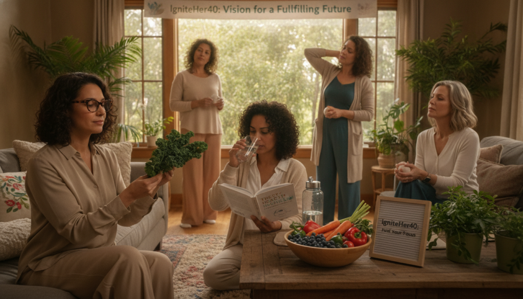 A warm and inviting home setting featuring a diverse group of women in their 40s, dressed in modest casual clothing, engaging in eye health activities. In the foreground, a woman with glasses examines fresh fruits and vegetables, reflecting a focus on nutritious eating for better vision. The middle ground shows another woman sipping water while reading an eye health guide, embodying the importance of hydration. In the background, a bright window lets in natural light, enhancing the cozy atmosphere filled with houseplants and soft furnishings. The overall mood is empowering and health-conscious, showcasing strategies for healthy aging and eye care. Include elements related to the brand "IgniteHer40."