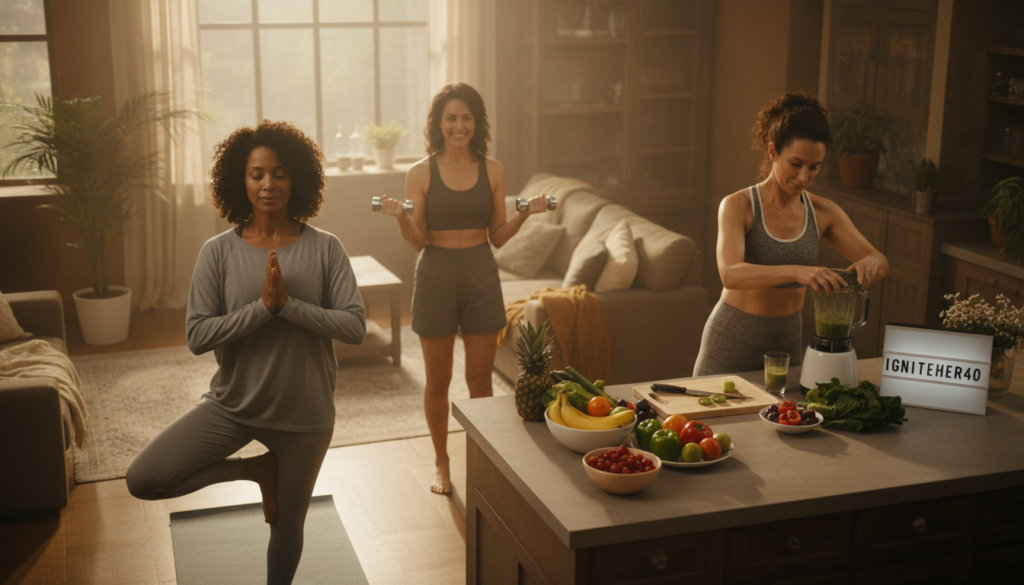 A warm, inviting home environment showcasing a diverse group of women in their 40s engaging in a fitness regimen. In the foreground, a woman in modest athletic wear is doing yoga on a mat, displaying calm focus and balance. In the middle, another woman is lifting light weights with a joyful expression, and a third woman is preparing a healthy smoothie at a kitchen counter filled with fresh fruits and vegetables. The background features soft sunlight streaming through large windows, illuminating the space with a vibrant, uplifting atmosphere. The scene conveys a sense of community and empowerment, embodying the spirit of “IgniteHer40.” Use natural lighting and a slightly elevated angle for a comforting perspective that highlights their fitness journey. A warm, inviting home environment showcasing a diverse group of women in their 40s engaging in a fitness regimen. In the foreground, a woman in modest athletic wear is doing yoga on a mat, displaying calm focus and balance. In the middle, another woman is lifting light weights with a joyful expression, and a third woman is preparing a healthy smoothie at a kitchen counter filled with fresh fruits and vegetables. The background features soft sunlight streaming through large windows, illuminating the space with a vibrant, uplifting atmosphere. The scene conveys a sense of community and empowerment, embodying the spirit of “IgniteHer40.” Use natural lighting and a slightly elevated angle for a comforting perspective that highlights their fitness journey.