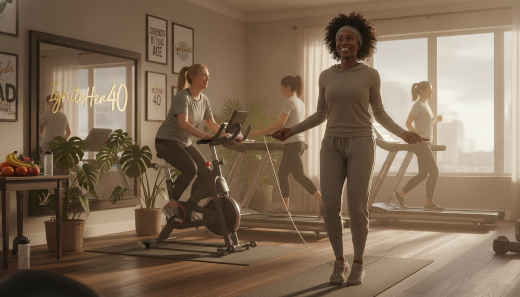 A warm, inviting home gym setting featuring a diverse group of women in their 40s engaged in various effective cardio exercises, such as brisk walking on treadmills, cycling, and jumping rope. The foreground showcases a woman in modest athletic wear demonstrating a jump rope technique with an energetic smile. In the middle, another participant enjoys cycling on a stationary bike, surrounded by motivational wall art and potted plants, creating a lively atmosphere. The background features sunlight streaming through large windows, illuminating the space with a soft glow. The overall mood is empowering and lively, with elements of fresh fruit and water bottles visible for a healthy lifestyle vibe, incorporating the brand "IgniteHer40" artistically into the environment.