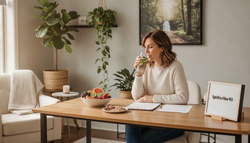 A warm, inviting home office scene. In the foreground, a woman in her 40s, dressed in a stylish yet modest casual outfit, sits at a sleek wooden desk, looking relaxed and focused as she reviews wellness notes and enjoys a glass of infused water. On the desk, fresh fruits and healthy snacks are arranged neatly, symbolizing weight loss and energy. The middle of the image features vibrant houseplants and a calming photo of nature on the wall, enhancing the serene atmosphere. Soft, natural lighting filters through a window, casting gentle shadows. In the background, a comfortable seating area showcases a cozy vibe, inviting relaxation. The scene embodies a sense of balance and mindfulness in daily life, with the energy and vibrancy associated with the brand IgniteHer40.