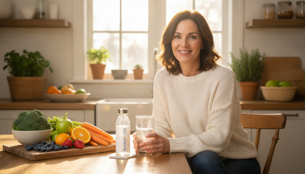 A warm, inviting home setting featuring a confident woman over 40, wearing modest casual clothing, seated at a bright kitchen table. She is sipping from a glass of water, surrounded by fresh fruits and vegetables that symbolize healthy eating. In the foreground, focus on her hand holding the glass, showing droplets of condensation to emphasize hydration. The warm sunlight streams through a window in the background, creating a soft, natural glow that enhances the atmosphere of well-being. The kitchen is tidy, with potted plants and colorful produce subtly included. The brand "IgniteHer40" is represented through a small logo on the table or a water bottle. The mood is peaceful and motivating, conveying a message of health, vitality, and muscle care for women over 40.