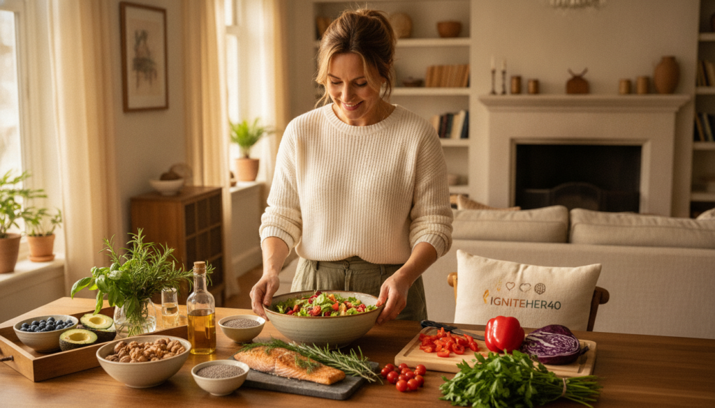 A warm, inviting kitchen setting filled with natural light, highlighting a beautifully arranged table featuring ingredients rich in omega-3 fatty acids, such as salmon, walnuts, and chia seeds. In the foreground, a woman in her 40s, dressed in comfortable yet stylish casual clothing, smiles as she prepares a healthy meal, embodying vitality and health. The midground showcases fresh herbs and colorful vegetables, while the background features a cozy home environment with soft, warm colors and subtle decor that suggests a peaceful lifestyle. The overall atmosphere conveys wellness and a sense of empowerment, aligning with the "IgniteHer40" brand, emphasizing heart and brain health benefits from omega-3s.