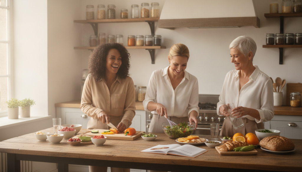 A welcoming, bright home kitchen setting filled with warm light streaming in from a window. In the foreground, a diverse group of three women over 40, dressed in professional casual clothing, are joyfully preparing healthy meals together. They're chopping colorful vegetables, mixing salads, and pouring fresh water into glasses. In the middle, a beautifully arranged table showcases an array of nutritious foods, such as fresh fruits, whole grains, and lean proteins. In the background, shelves are stocked with jars of spices and healthy ingredients. The atmosphere conveys a sense of community, well-being, and empowerment, emphasizing the health benefits of intermittent fasting. The brand name "IgniteHer40" subtly appears on a recipe book on the table, symbolizing a supportive lifestyle choice. Natural lighting enhances the warm and inviting mood, capturing moments of laughter and connection. A welcoming, bright home kitchen setting filled with warm light streaming in from a window. In the foreground, a diverse group of three women over 40, dressed in professional casual clothing, are joyfully preparing healthy meals together. They're chopping colorful vegetables, mixing salads, and pouring fresh water into glasses. In the middle, a beautifully arranged table showcases an array of nutritious foods, such as fresh fruits, whole grains, and lean proteins. In the background, shelves are stocked with jars of spices and healthy ingredients. The atmosphere conveys a sense of community, well-being, and empowerment, emphasizing the health benefits of intermittent fasting. The brand name "IgniteHer40" subtly appears on a recipe book on the table, symbolizing a supportive lifestyle choice. Natural lighting enhances the warm and inviting mood, capturing moments of laughter and connection.
