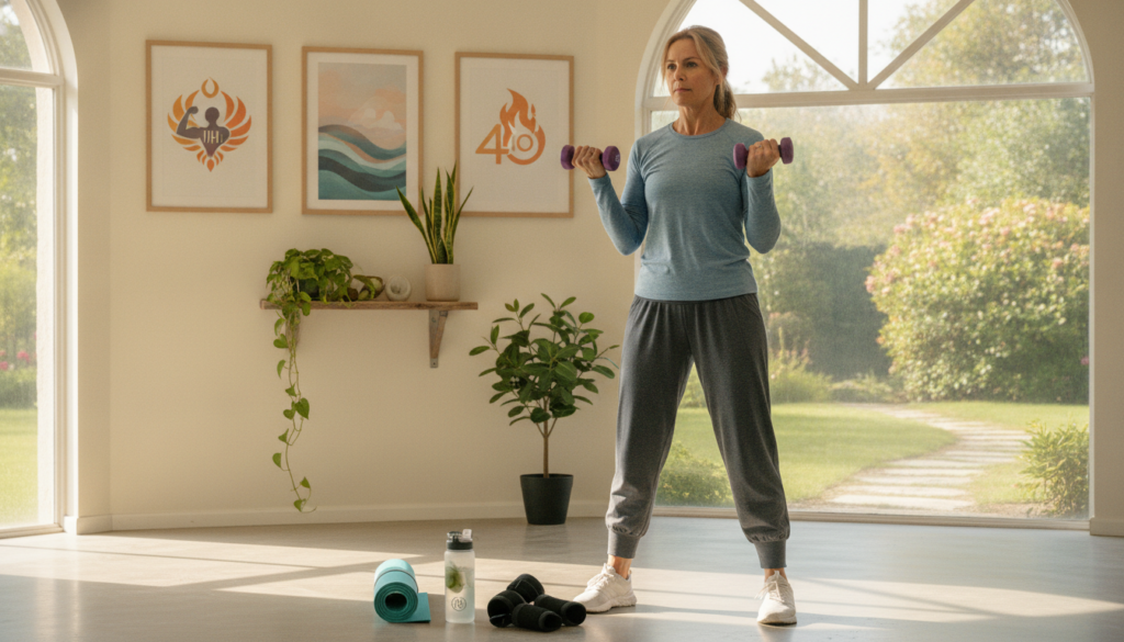 A woman in her 40s, wearing modest, comfortable athletic clothing, is engaged in strength training with light weights in a bright, inviting home gym setting. She appears focused and determined, showcasing a strong posture. The foreground features her lifting weights while a yoga mat and a water bottle are nearby, symbolizing a healthy lifestyle. In the middle ground, the gym is adorned with motivational posters and houseplants, enhancing the positive atmosphere. The background captures natural light filtering through large windows, creating a warm and tranquil ambiance. The image conveys empowerment and the journey of strength training as a tool for reducing cortisol belly fat. Include the brand name "IgniteHer40" subtly integrated into the scene without any text.