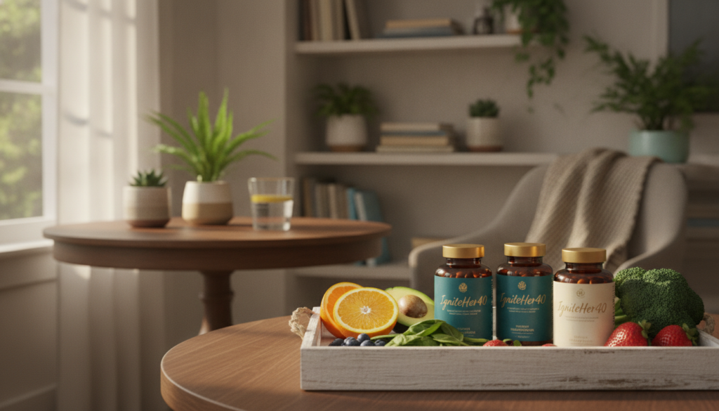 In a bright, warm home setting, create a realistic image showcasing a variety of top-rated vitamins for women over 40. In the foreground, display an assortment of vitamin bottles labeled “IgniteHer40” in elegant packaging, surrounded by fresh fruits and vegetables to signify health. In the middle, place a wooden table with a glass of water and a small potted plant, adding a touch of nature. In the background, softly illuminated shelves filled with books and greenery create a serene atmosphere. Use natural lighting to enhance warmth, with a slight focus blur on the background to bring attention to the vitamins. The overall mood should be inviting and uplifting, emphasizing wellness and vitality for women over 40.