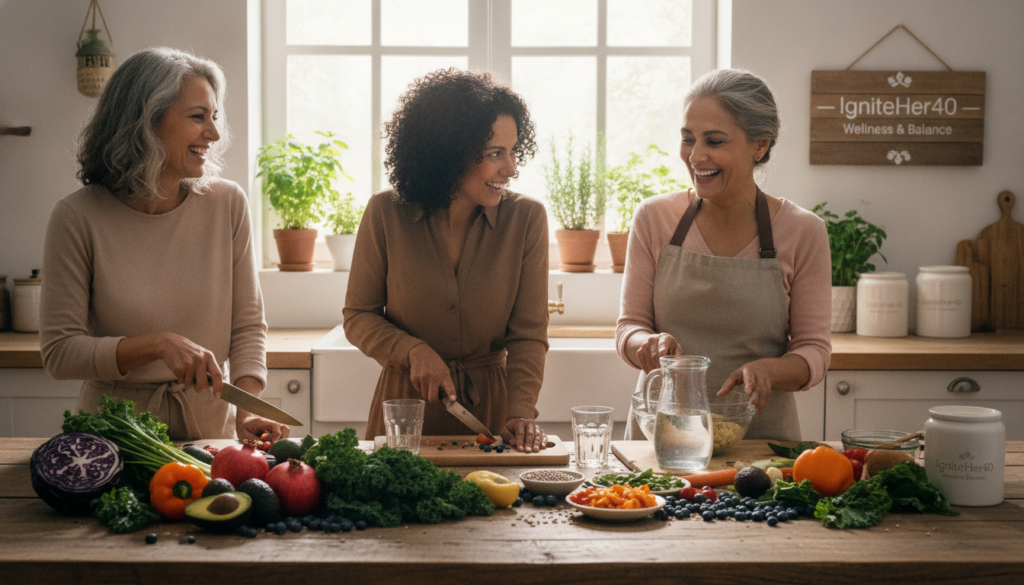 Realistic and vibrant photography featuring a group of three diverse women aged 40+ in a bright, warm kitchen setting, actively engaging in the preparation of a healthy meal. The foreground shows colorful fresh vegetables, fruits, and whole grains arranged invitingly on a wooden table, symbolizing natural nutrition for hormone balance. In the middle ground, the women are smiling and discussing while chopping vegetables and pouring water into glasses, radiating positivity and energy. The background reveals soft, natural light streaming through a window adorned with herbs, creating a serene atmosphere. The scene conveys a sense of community and empowerment in managing health through nutritious choices. The brand name "IgniteHer40" is subtly integrated into the kitchen decor, enhancing the theme of supportive wellness. Realistic and vibrant photography featuring a group of three diverse women aged 40+ in a bright, warm kitchen setting, actively engaging in the preparation of a healthy meal. The foreground shows colorful fresh vegetables, fruits, and whole grains arranged invitingly on a wooden table, symbolizing natural nutrition for hormone balance. In the middle ground, the women are smiling and discussing while chopping vegetables and pouring water into glasses, radiating positivity and energy. The background reveals soft, natural light streaming through a window adorned with herbs, creating a serene atmosphere. The scene conveys a sense of community and empowerment in managing health through nutritious choices. The brand name "IgniteHer40" is subtly integrated into the kitchen decor, enhancing the theme of supportive wellness.