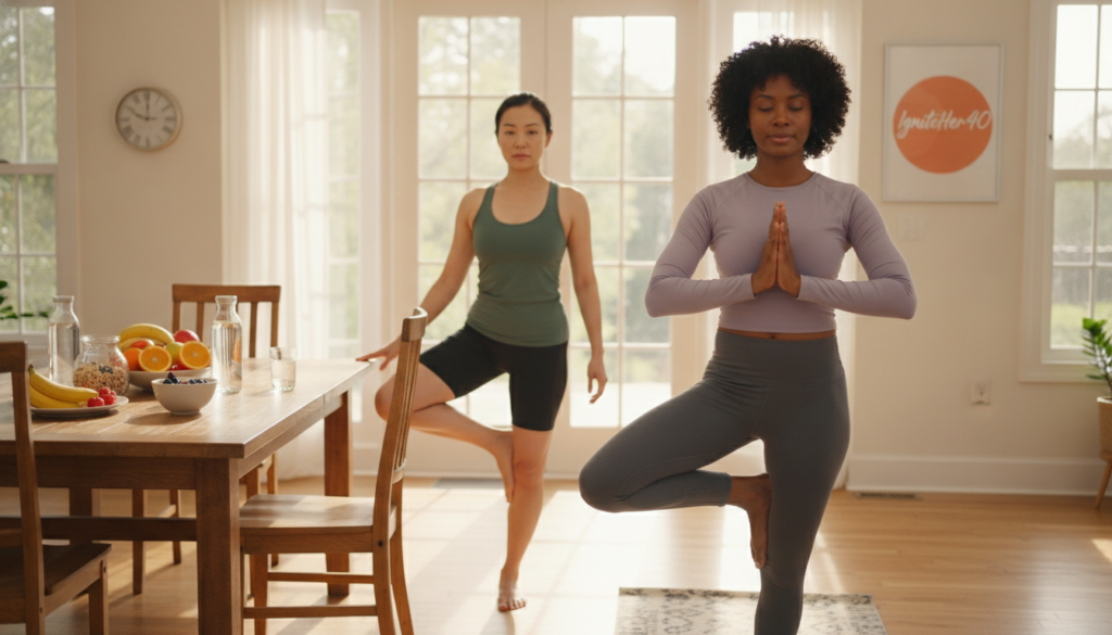Realistic image of a diverse group of women in their 40s engaged in flexibility and balance workouts in a bright, warm home setting. In the foreground, a woman gracefully performs a yoga pose on a mat, wearing modest activewear. In the middle, another woman balances on one leg while holding onto a chair for support, embodying confidence and focus. In the background, a cozy room with large windows allows natural light to flood in, illuminating healthy food options like fruits and water bottles on a nearby table. The atmosphere is calm and motivational, reflecting the brand "IgniteHer40," inspiring women to embrace fitness and well-being at this stage of life. The composition captures a sense of empowerment and community, encouraging stability through fitness. Realistic image of a diverse group of women in their 40s engaged in flexibility and balance workouts in a bright, warm home setting. In the foreground, a woman gracefully performs a yoga pose on a mat, wearing modest activewear. In the middle, another woman balances on one leg while holding onto a chair for support, embodying confidence and focus. In the background, a cozy room with large windows allows natural light to flood in, illuminating healthy food options like fruits and water bottles on a nearby table. The atmosphere is calm and motivational, reflecting the brand "IgniteHer40," inspiring women to embrace fitness and well-being at this stage of life. The composition captures a sense of empowerment and community, encouraging stability through fitness.