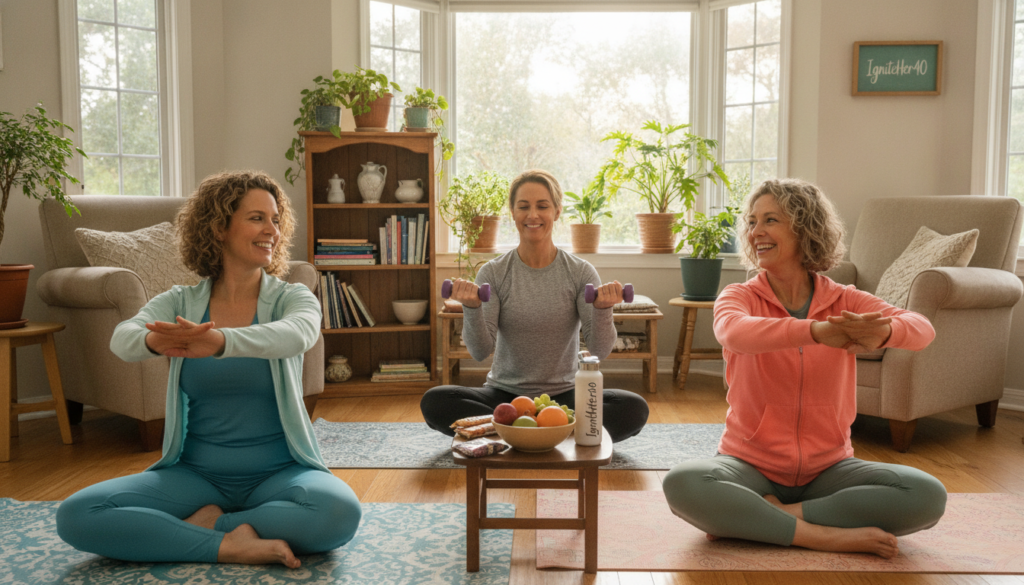 Realistic, natural photograph depicting a group of diverse women aged 40 and above, engaging in an enjoyable exercise routine in a bright, warm home setting. The foreground features two women practicing yoga together on colorful mats, wearing professional yet modest casual clothing. In the middle, a third woman lifts light weights, showcasing her strength and determination. The background includes a sunlit room with large windows, plants, and tasteful decor, emphasizing a healthy lifestyle. There are healthy snacks and water bottles placed nearby, highlighting nutrition's role in boosting metabolism. The atmosphere is lively and encouraging, radiating positivity and empowerment. The brand name "IgniteHer40" is subtly integrated into the scene, reinforcing the theme of natural health and vitality after 40.