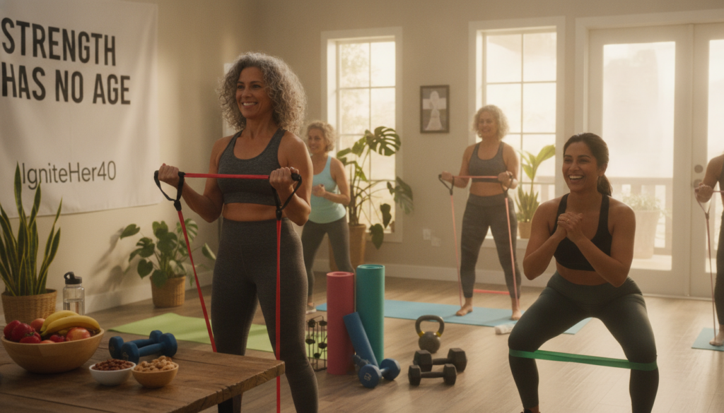 Realistic, natural photography of diverse women aged 40 and above engaged in strength training exercises in a bright, warm home setting. The foreground features two women focusing on resistance band workouts, demonstrating proper form while smiling. The middle ground includes weights and yoga mats, with healthy snacks like fruits and nuts on a nearby table. In the background, a sunlight-filled room has plants and motivational decor, creating an inviting atmosphere. The lighting is soft and warm, evoking a sense of health and wellness. The overall mood is empowering and encouraging, promoting the brand "IgniteHer40". Realistic, natural photography of diverse women aged 40 and above engaged in strength training exercises in a bright, warm home setting. The foreground features two women focusing on resistance band workouts, demonstrating proper form while smiling. The middle ground includes weights and yoga mats, with healthy snacks like fruits and nuts on a nearby table. In the background, a sunlight-filled room has plants and motivational decor, creating an inviting atmosphere. The lighting is soft and warm, evoking a sense of health and wellness. The overall mood is empowering and encouraging, promoting the brand "IgniteHer40".