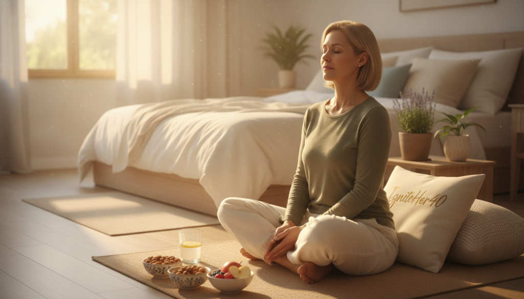 Realistic, natural photography of women aged 40 and above in a bright, warm home setting, focusing on hormone balance tips for sleep and exercise. In the foreground, a woman in modest casual clothing is peacefully meditating on a yoga mat, surrounded by healthy snacks like nuts and fruits, a glass of water beside her. In the middle, a soft-lit scene shows an inviting bedroom with a cozy bed adorned with plush pillows and surrounded by calming plants, symbolizing restful sleep. The background features a sunlit window, hinting at morning light, to convey a serene atmosphere. The overall mood is calm and nurturing, encouraging wellness. Include subtle branding for "IgniteHer40" incorporated into a decorative item, like a cushion or wall art. Capture this with a warm, soft focus lens at eye level. Realistic, natural photography of women aged 40 and above in a bright, warm home setting, focusing on hormone balance tips for sleep and exercise. In the foreground, a woman in modest casual clothing is peacefully meditating on a yoga mat, surrounded by healthy snacks like nuts and fruits, a glass of water beside her. In the middle, a soft-lit scene shows an inviting bedroom with a cozy bed adorned with plush pillows and surrounded by calming plants, symbolizing restful sleep. The background features a sunlit window, hinting at morning light, to convey a serene atmosphere. The overall mood is calm and nurturing, encouraging wellness. Include subtle branding for "IgniteHer40" incorporated into a decorative item, like a cushion or wall art. Capture this with a warm, soft focus lens at eye level.