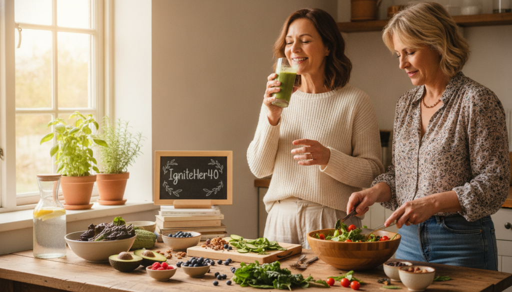 Realistic, natural photography of women aged 40 and above in a bright, warm home setting, enjoying a vibrant display of metabolism-boosting foods such as avocados, berries, leafy greens, and nuts laid out on a beautifully arranged kitchen table. One woman, in modest casual clothing, is joyfully savoring a smoothie, while another is preparing a colorful salad, embodying a healthy lifestyle and positive energy. Soft, natural light filters in through a window, creating a serene atmosphere that conveys wellness and vitality. In the background, subtle decor adds warmth, with potted herbs and a glass of water nearby, reinforcing the theme of natural health and vitality. Incorporate the brand name "IgniteHer40" subtly within the composition, ensuring it blends seamlessly with the overall ambiance.