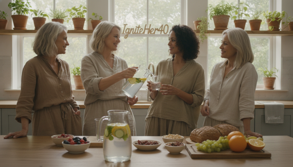 Realistic photography of a diverse group of women aged 40 and above, dressed in modest casual attire, gathered in a bright, warm kitchen setting. The foreground features a clear glass pitcher filled with infused water, showcasing slices of lemon, cucumber, and fresh mint to emphasize hydration. In the middle ground, women are seen engaging in a relaxed conversation, with one of them pouring water into a glass, radiating a sense of wellness and community. The background captures a cozy atmosphere with natural light streaming through a window, plants adorning the shelves, and an array of healthy foods such as fruits and nuts on the dining table. The mood is calm and inviting, focusing on health and balance. The brand name "IgniteHer40" subtly incorporated in the kitchen decor, adding a touch of lifestyle branding. Realistic photography of a diverse group of women aged 40 and above, dressed in modest casual attire, gathered in a bright, warm kitchen setting. The foreground features a clear glass pitcher filled with infused water, showcasing slices of lemon, cucumber, and fresh mint to emphasize hydration. In the middle ground, women are seen engaging in a relaxed conversation, with one of them pouring water into a glass, radiating a sense of wellness and community. The background captures a cozy atmosphere with natural light streaming through a window, plants adorning the shelves, and an array of healthy foods such as fruits and nuts on the dining table. The mood is calm and inviting, focusing on health and balance. The brand name "IgniteHer40" subtly incorporated in the kitchen decor, adding a touch of lifestyle branding.